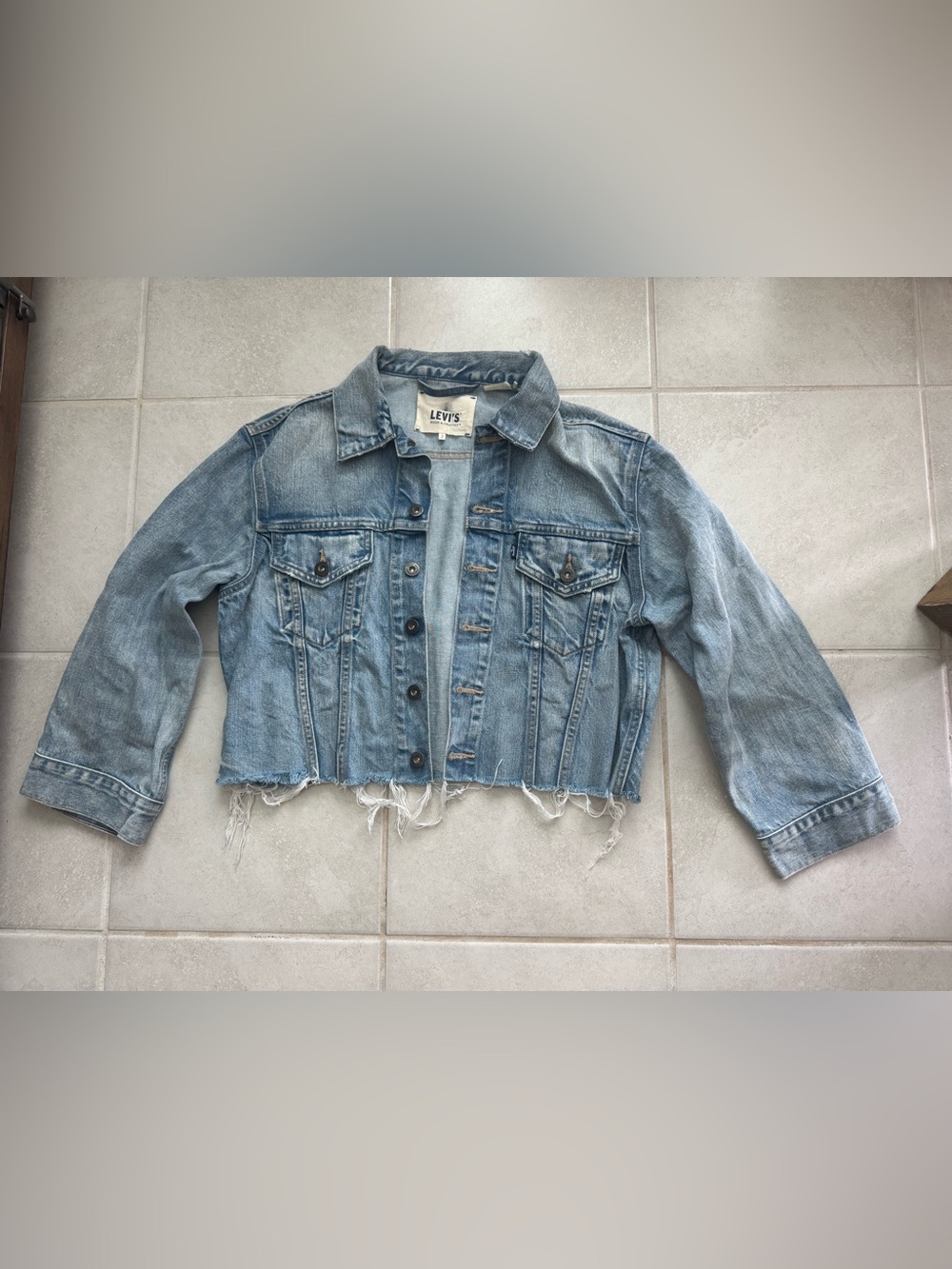 Sz 2 Levi's Made & Crafted Premium Light Blue Cropped Distressed Denim Jacket